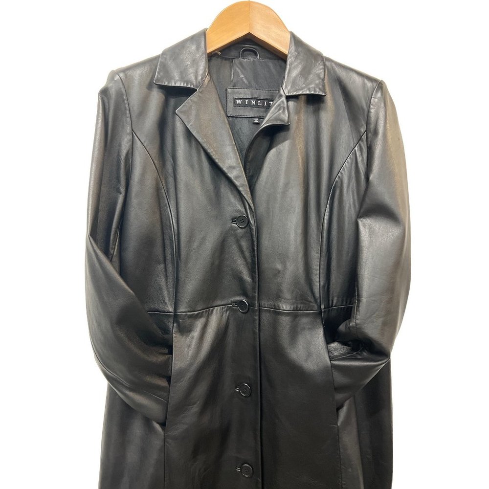 Winlit Solid Black Leather Jacket Long Coat Soft … - image 6